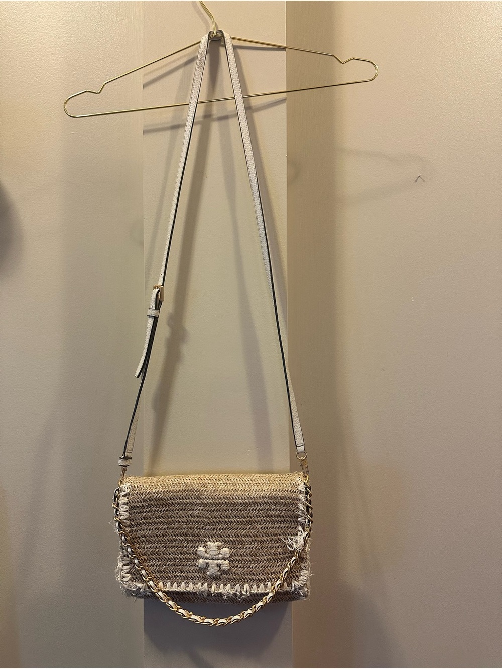 Tory Burch Woven Straw Crossbody Bag with White Trim
